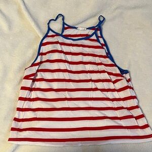 Garage Red and White Striped Top with Blue Trim